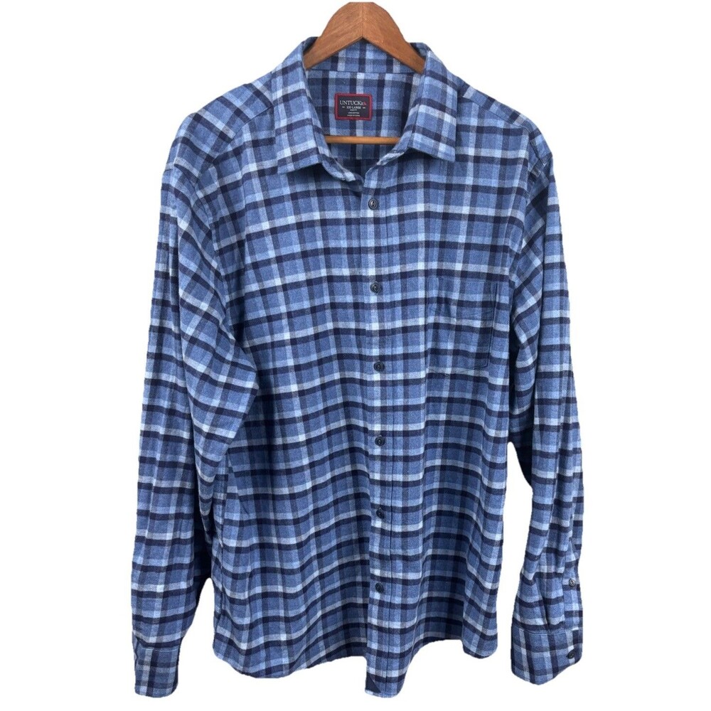 UNTUCKit Flannel Shirt Mens 2XL XXL Slim Fit Blue Plaid Collar Point Stiffener